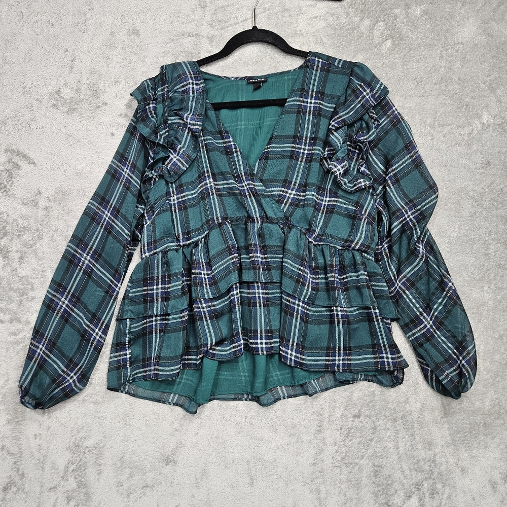 Torrid Green Plaid Ruffle Babydoll Top Size 1 Women’s Long Sleeve V-Neck Blouse
